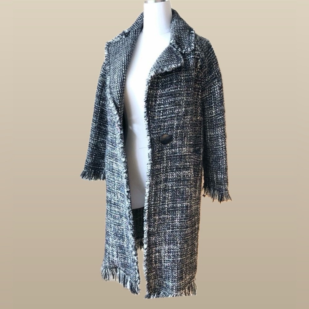 Zara Tweed Frayed Long Coat. Wool blend. Large